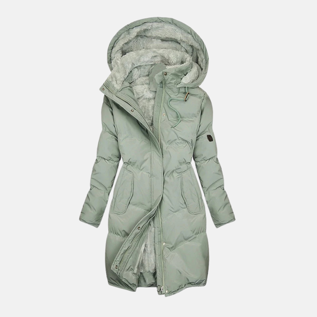 Women’s Long Puffer Coat – Quilted Insulated – Plush Hood – Adjustable Waist – Zip Front
