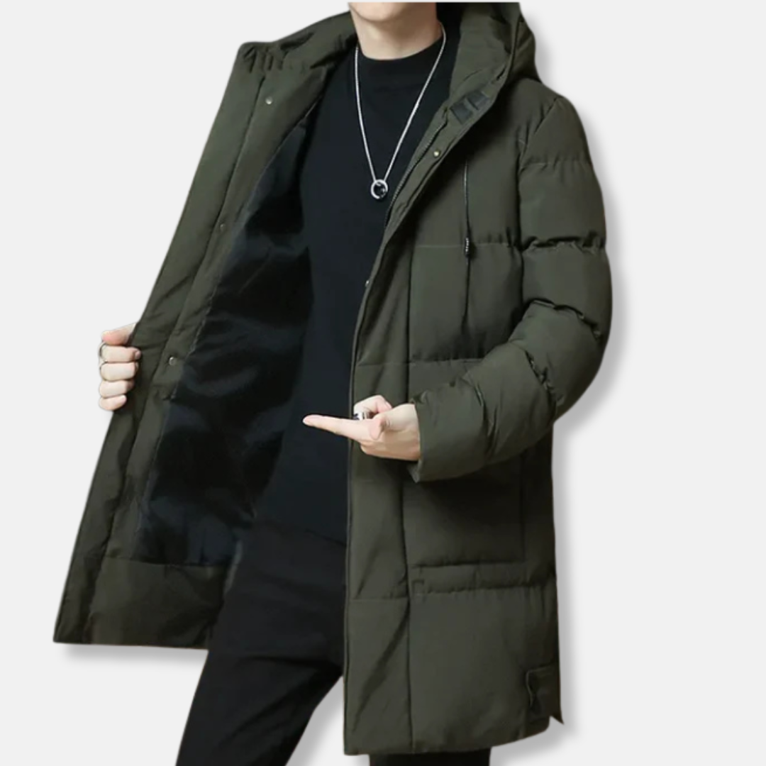 Men's Mid-Length Coat – Quilted Cotton – Hooded – Relaxed Fit – Insulated Warm Wear