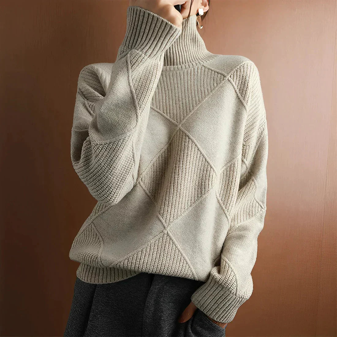 Women’s Pullover Sweater – Wool Blend – Oversized Fit – High Neck Ribbed Knit