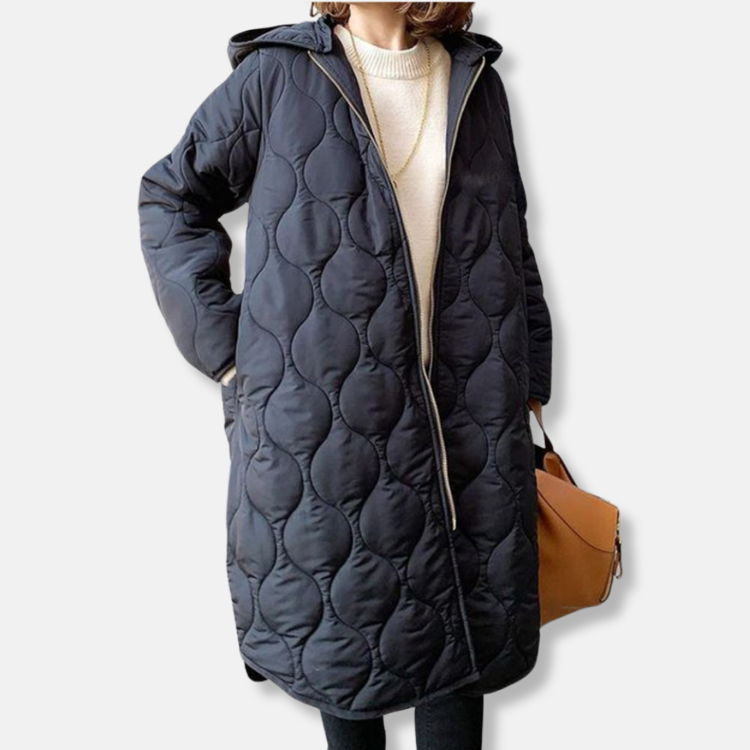 Women’s Quilted Jacket – Oversized Fit – Long Length – Hooded with Zip Front