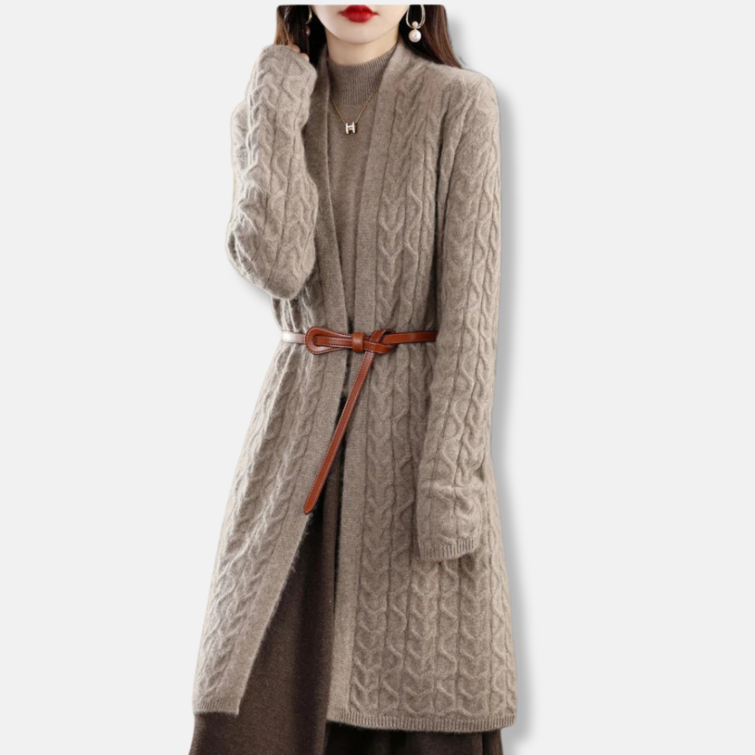 Women’s Long Cardigan – Wool Blend Knit – Relaxed Fit – Cable Pattern – Belted Waist