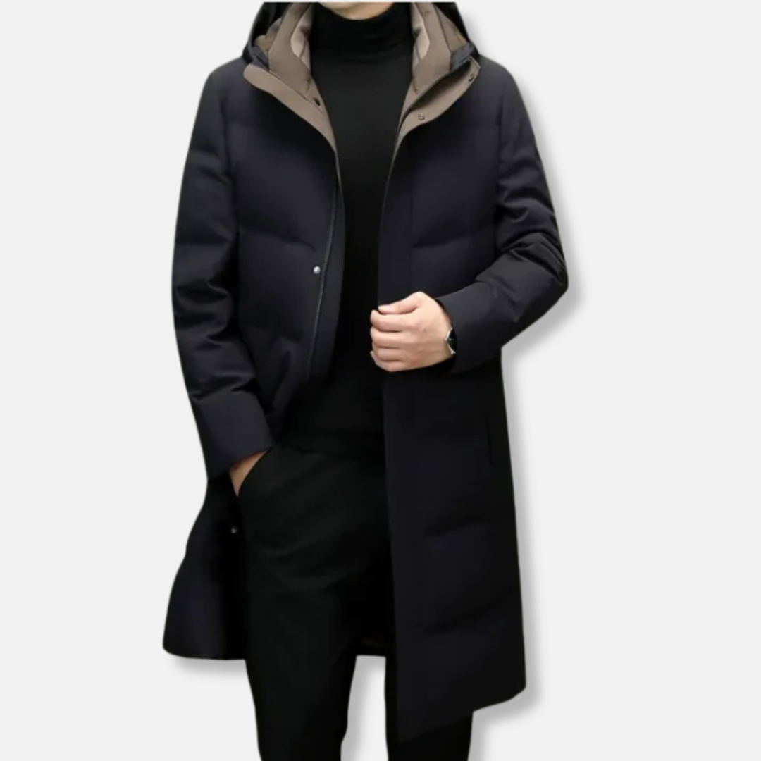 Men’s Long Down Jacket – Relaxed Fit – Quilted Design – Hooded – Full Length Warmth