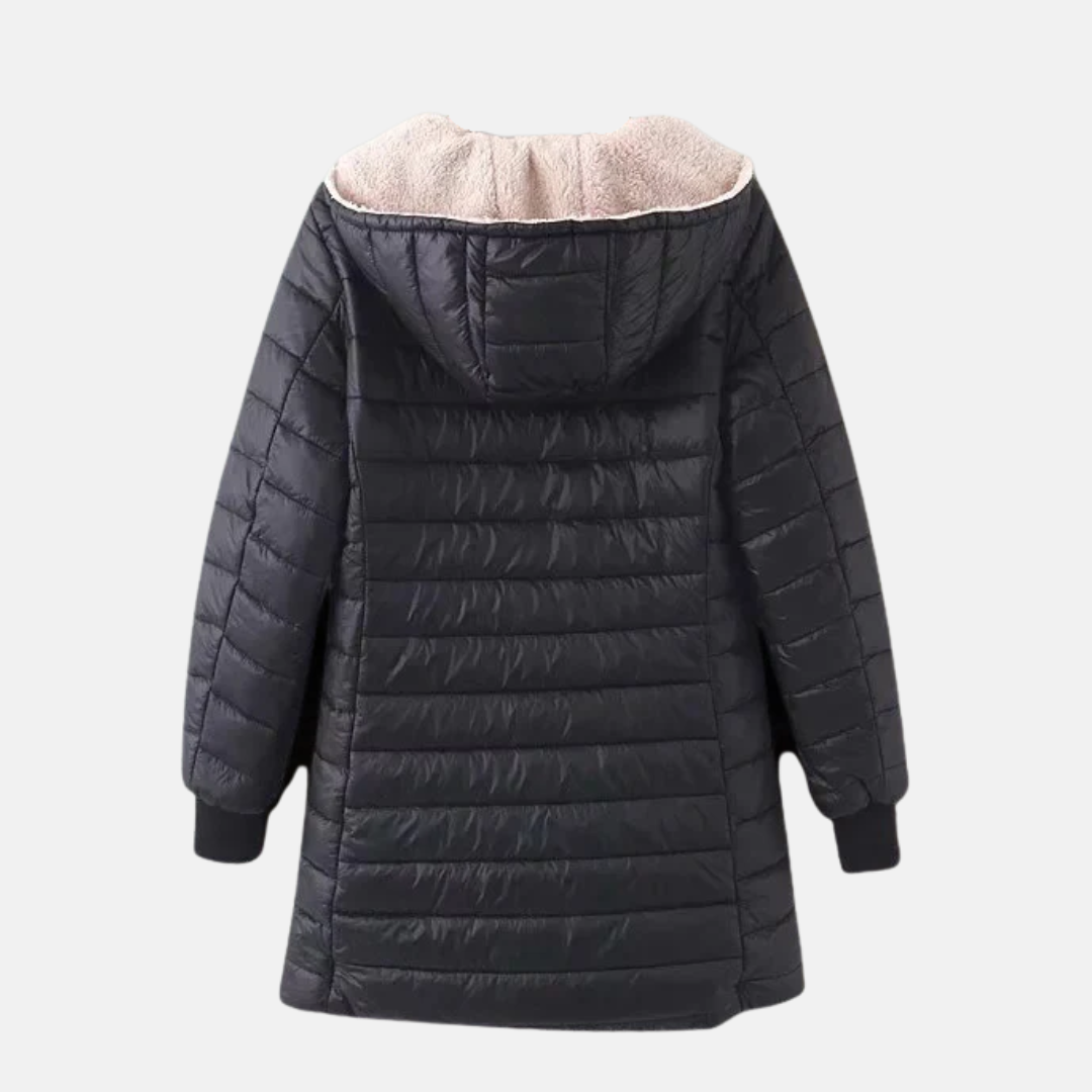 Women’s Quilted Coat – Mid-Length Relaxed Fit – Fleece Hood – Water-Resistant – Zip Front