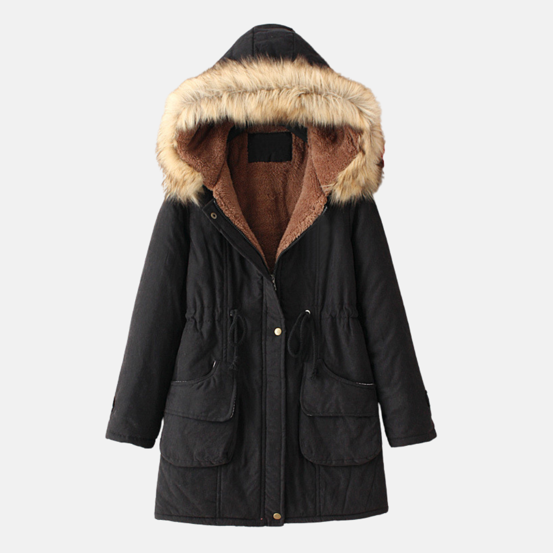 Women’s Hooded Parka Coat – Slim Regular Fit – Sherpa Lined – Faux Fur Trim – Drawstring Waist – Full Length
