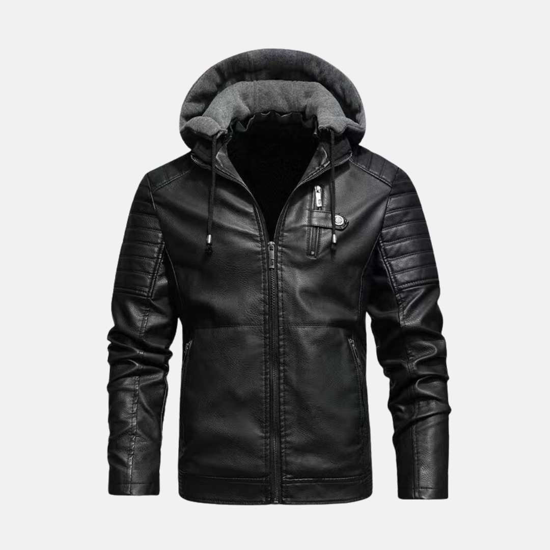 Men’s Leather Jacket – Slim Fit – Quilted Shoulders – Plush Hood – Zipper Closure