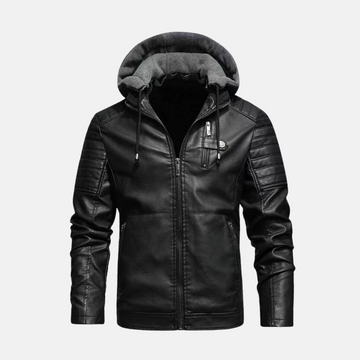 Men’s Leather Jacket – Slim Fit – Quilted Shoulders – Plush Hood – Zipper Closure