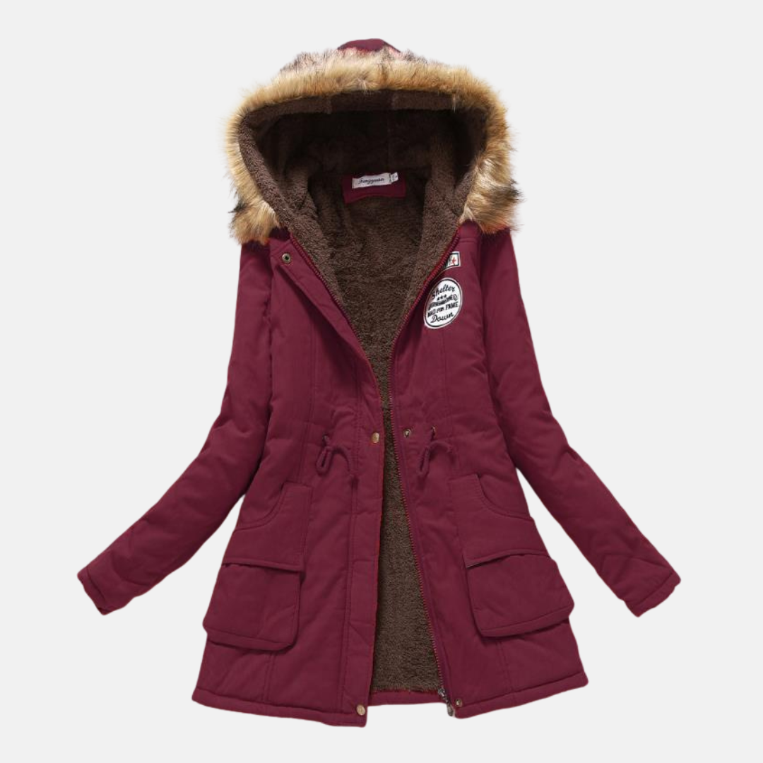 Women’s Parka Jacket – Fleece Lined – Faux Fur Hood – Adjustable Waist – Mid Length