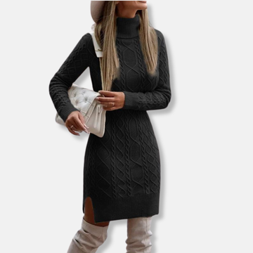 Women’s Mini Dress – Cable Knit Wool Blend – Slim Fit – Turtleneck – Long Sleeve – Side Slit