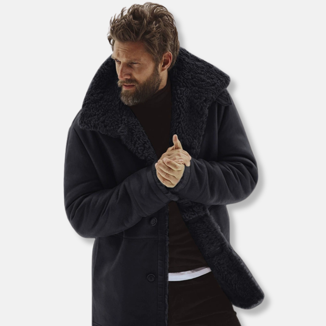Men’s Wool Coat – Relaxed Fit – Shearling Collar – Mid-Thigh Length – Button Front