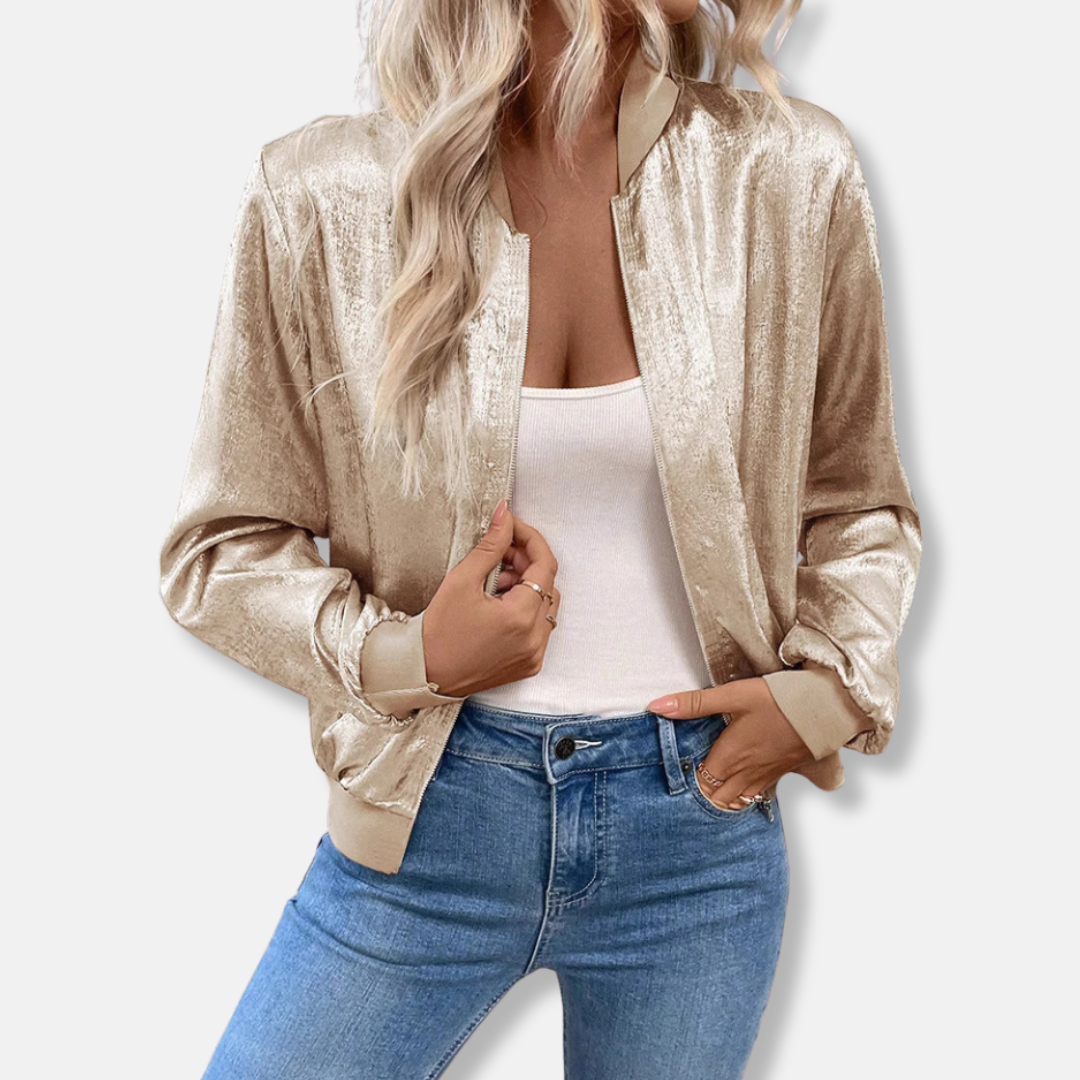 Women’s Bomber Jacket – Satin Finish – Relaxed Fit – Ribbed Trim – Zip Front