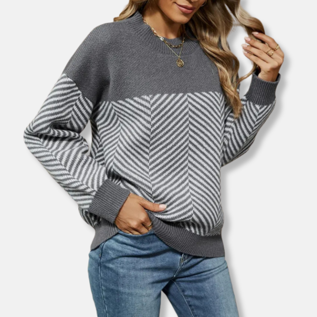 Women’s Sweatshirt – Relaxed Fit – Chevron Knit – Ribbed Crew Neck – Long Sleeve