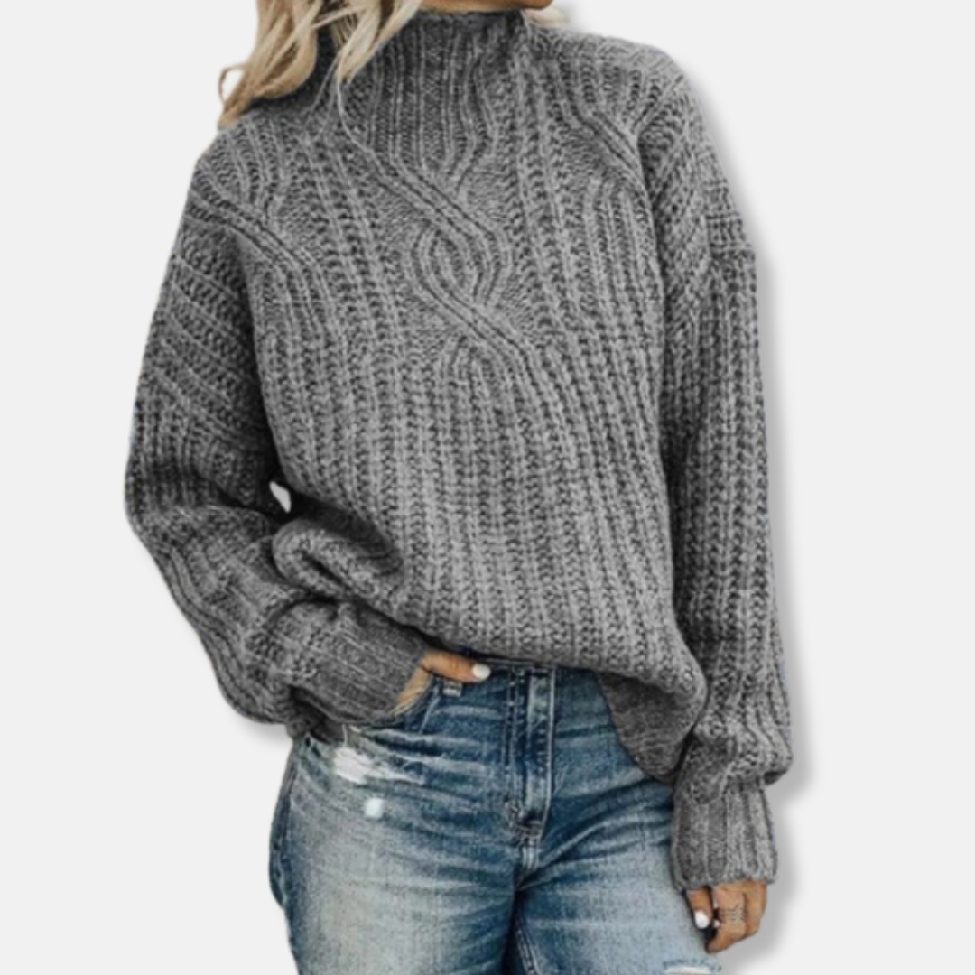 Women’s Pullover Sweater – Wool Cable Knit – High Neck – Relaxed Fit Cozy Knitwear