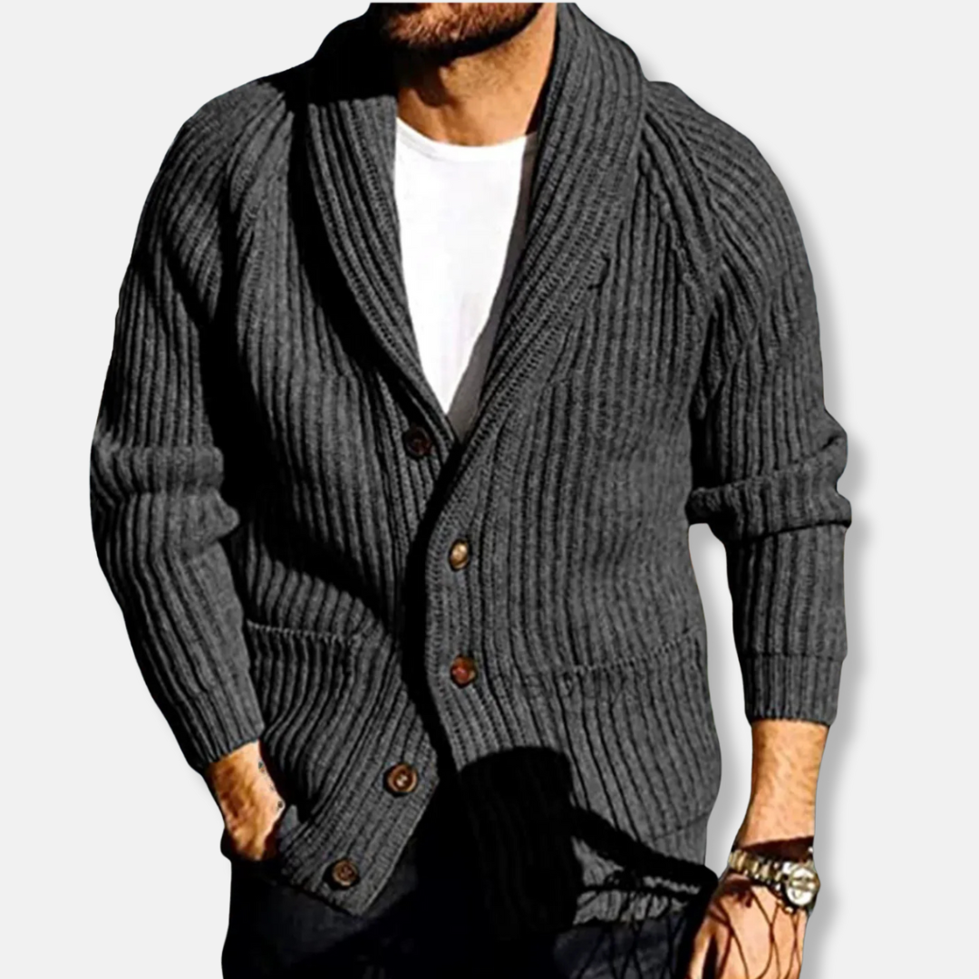 Men’s Knitted Cardigan – Slim Fit – Ribbed Texture – Shawl Collar – Patch Pockets