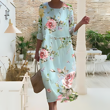 Women’s Midi Dress – Relaxed Fit – Lightweight Breathable Fabric – Floral Print – 3/4 Sleeve