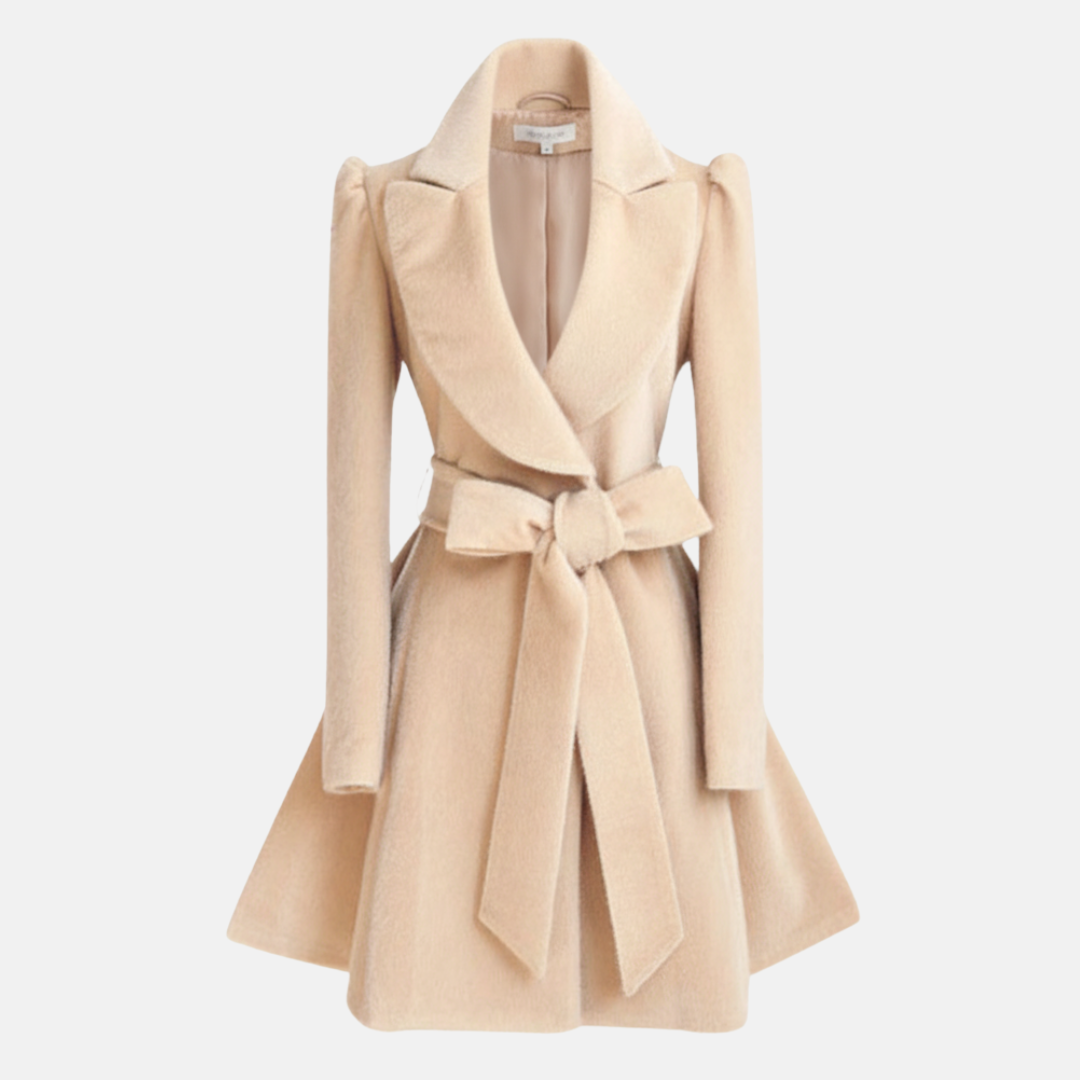 Women’s Coat – Slim Fit Wool Blend – A-Line Skirt – Belted Bow Waist – Wide Collar