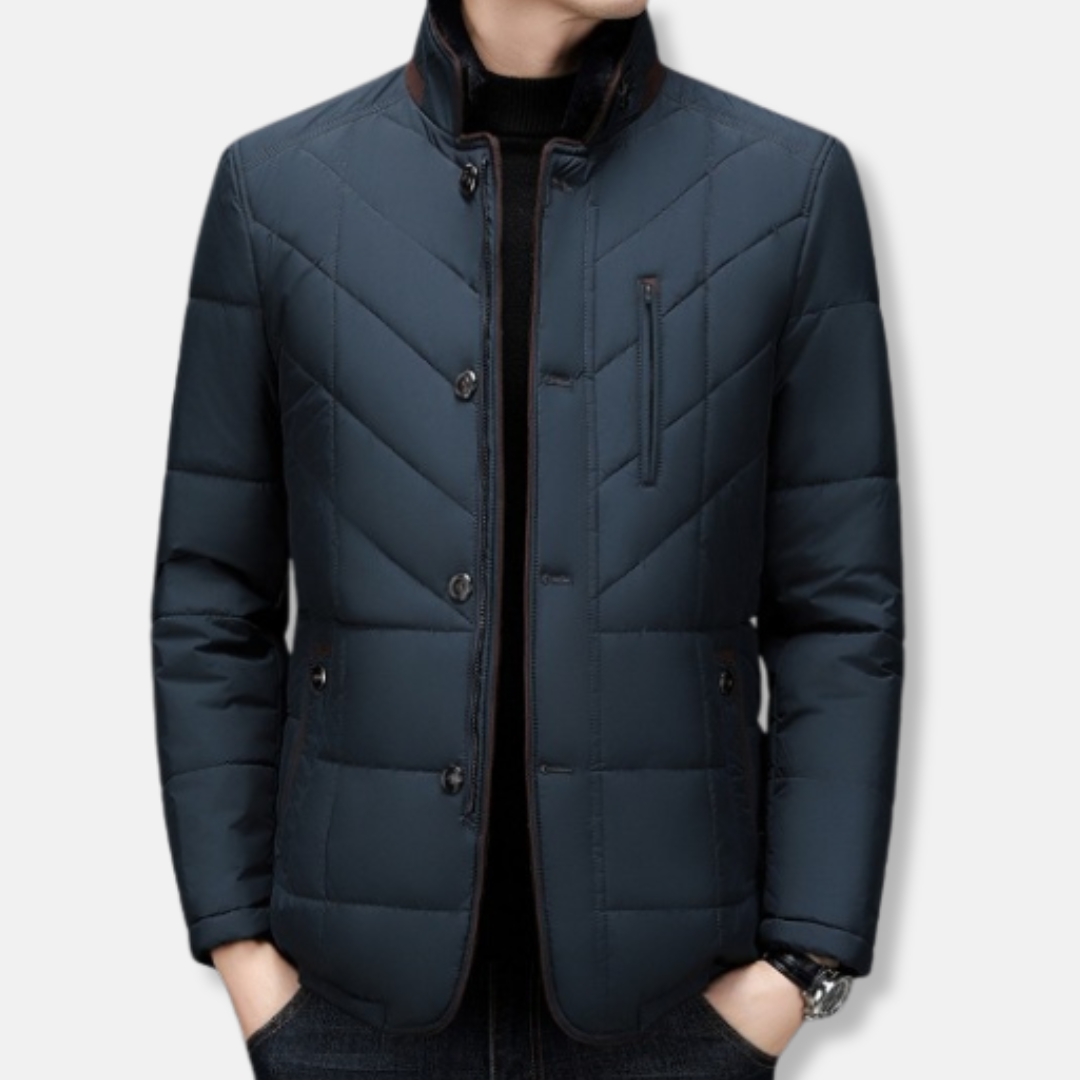 Men’s Quilted Jacket – Tailored Fit – Stand Collar – Button Front Warm Outerwear