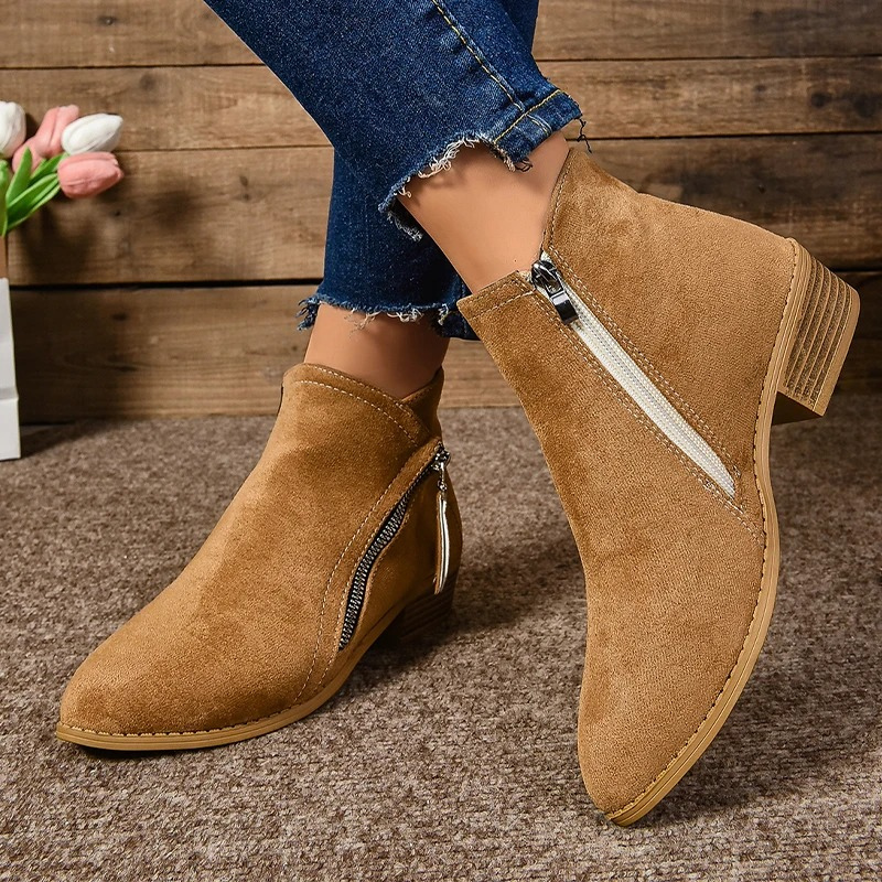 Women's Ankle Boots with Side Zipper Closure and Low Heel for Casual Comfort Style