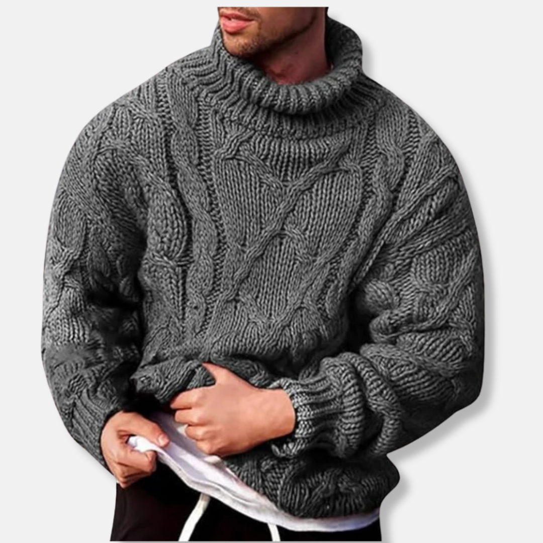 Men’s Turtleneck Sweater – Wool Blend – Relaxed Fit – Cable Knit Pullover