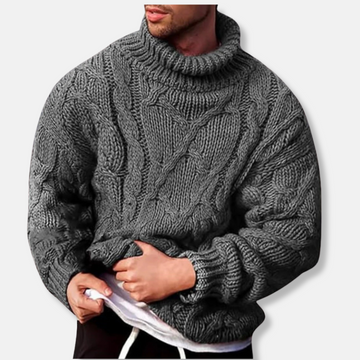 Men’s Turtleneck Sweater – Wool Blend – Relaxed Fit – Cable Knit Pullover
