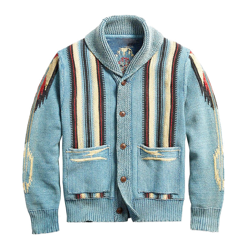 Vintage jacquard lapel knit cardigan for men