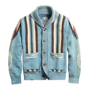 Vintage jacquard lapel knit cardigan for men