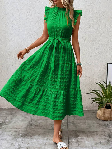 Women's Midi Dress - Sleeveless Ruffle Neckline - Belted Waist - Tiered Skirt