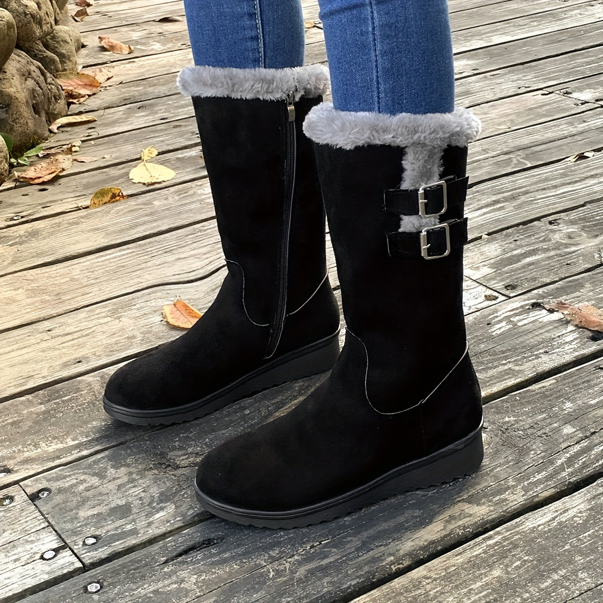 Women’s Mid-Calf Boots – Suede Look – Fleece Lined – Buckle Detail – Flat Sole