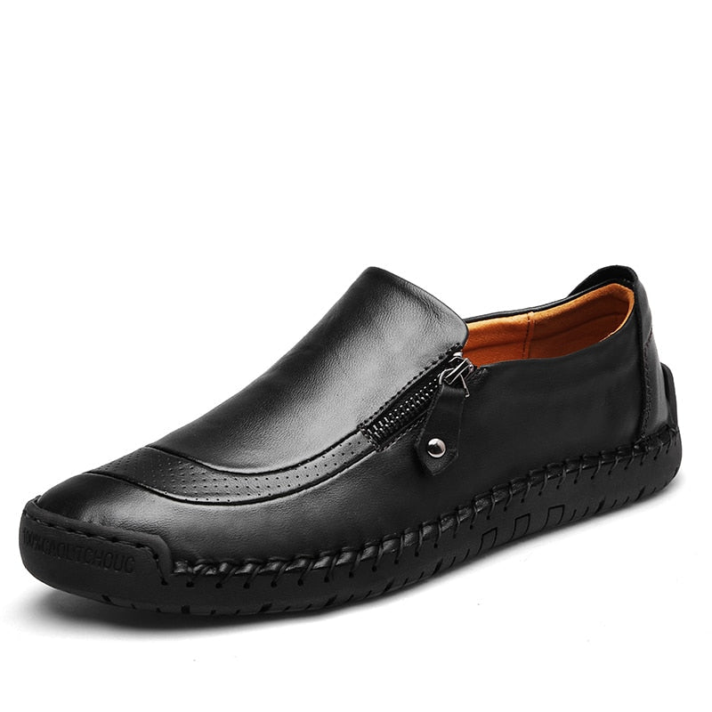 Classic zipper leather black moccasins shoes for men