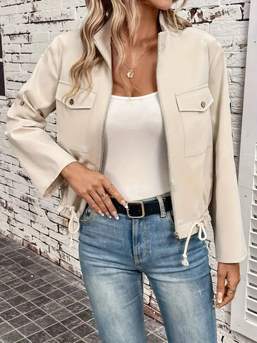 Women’s Tailored Jacket – Faux Leather – Zip Front – Drawstring Hem – Chest Pockets