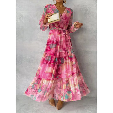 Floral wrap flowy maxi dress for women