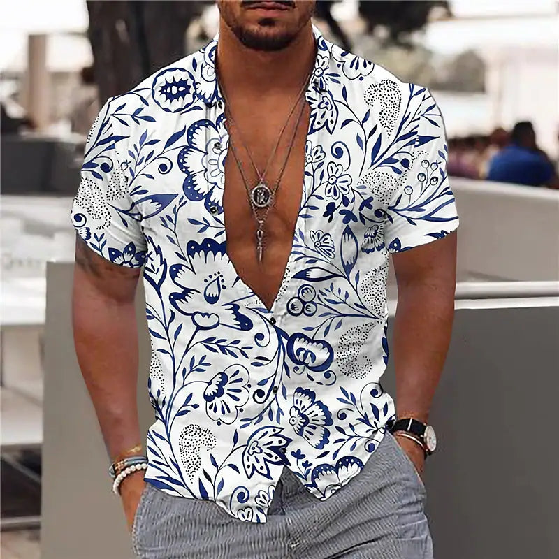 Men’s Short Sleeve Shirt - Slim Fit - V-Neck - Breathable Fabric - Floral Print