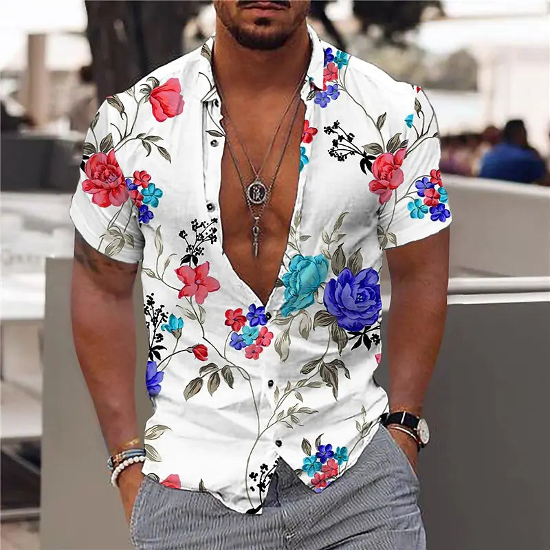 Men’s Short Sleeve Shirt - Slim Fit - V-Neck - Breathable Fabric - Floral Print