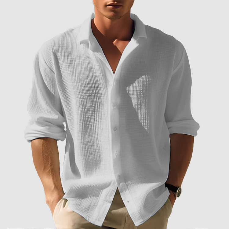 Casual lapel button down shirt for men. Classic fit, waffle texture. Versatile men's shirt for casual or semi-formal wear.