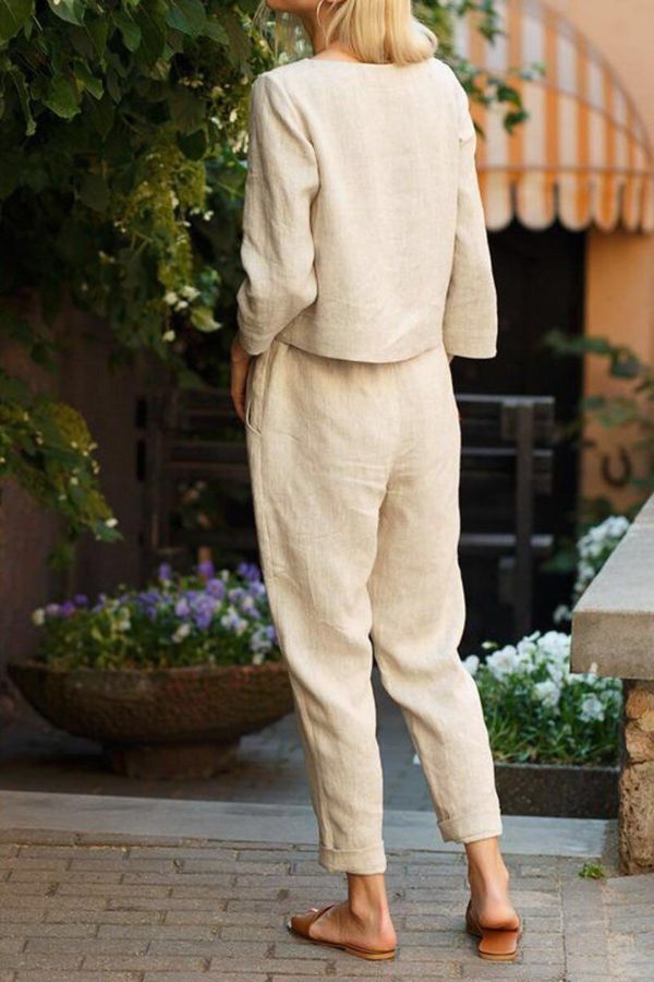 Women’s Linen 2-Piece Set – Relaxed Fit Shirt – Tie Waist Pencil Trousers – Breathable