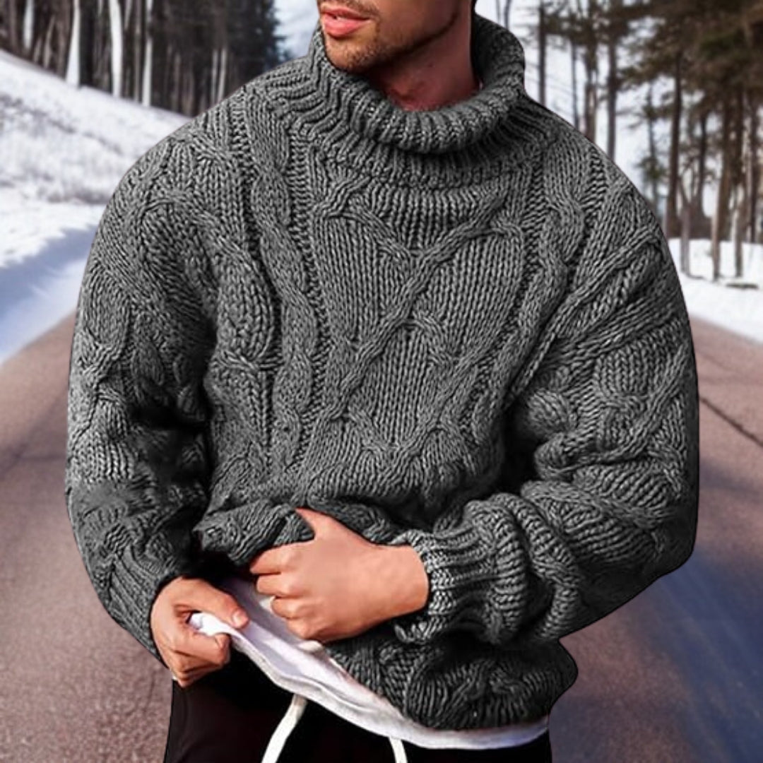Men’s Turtleneck Sweater – Wool Blend – Relaxed Fit – Cable Knit Pullover