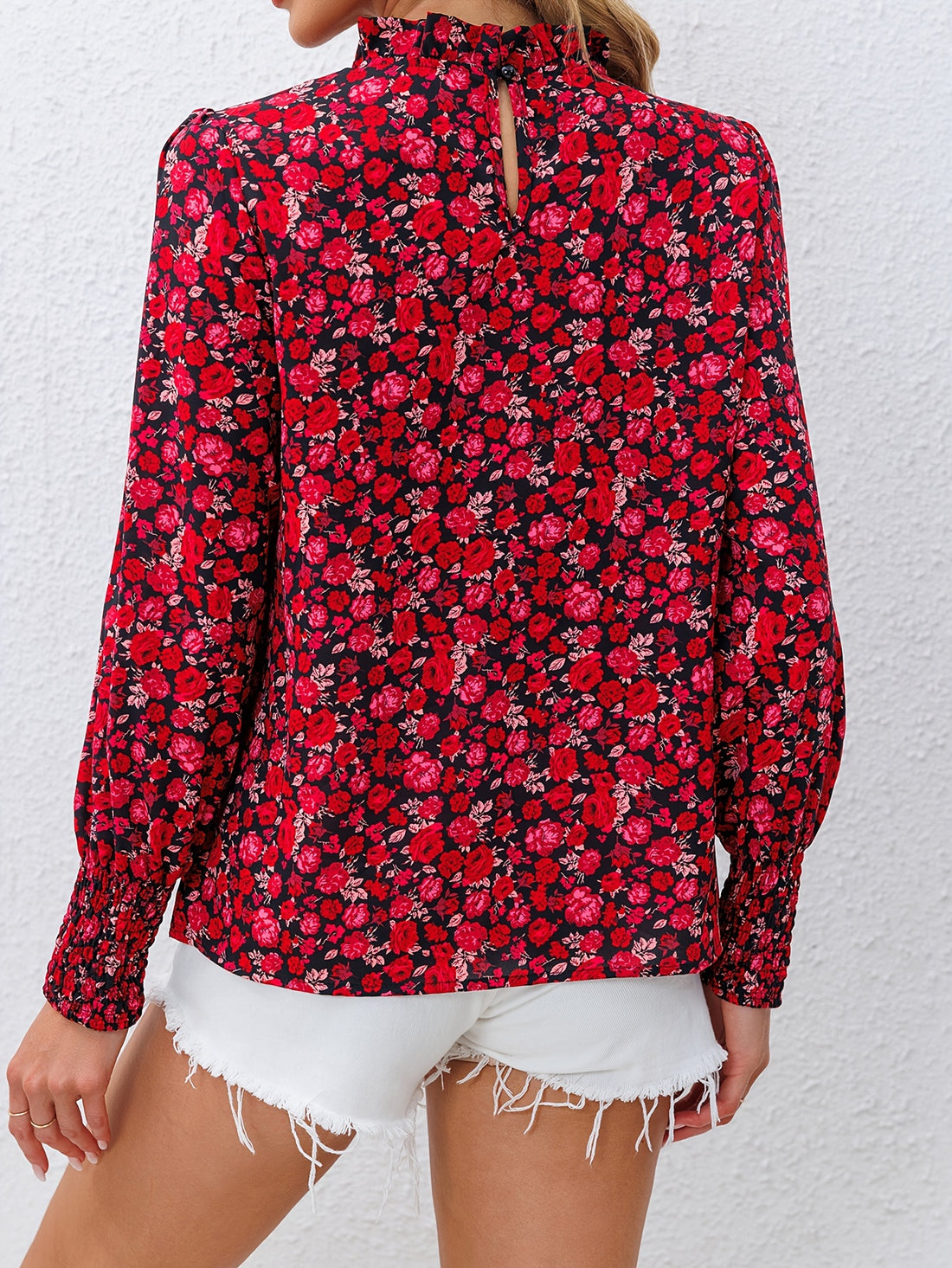 Floral frill neck shirred cuff blouse for women