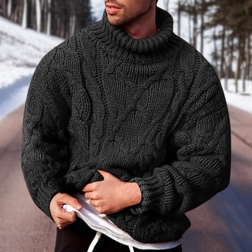 Men’s Turtleneck Sweater – Wool Blend – Relaxed Fit – Cable Knit Pullover