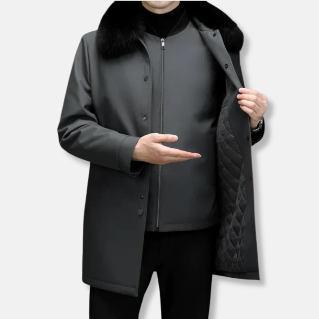 Men’s Down Jacket – Mid-Length Fit – Detachable Faux Fur Collar – Water-Resistant