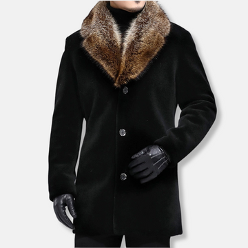 Men’s Mid-Length Coat – Structured Fit – Shaggy Fur V-Collar – Button Closure