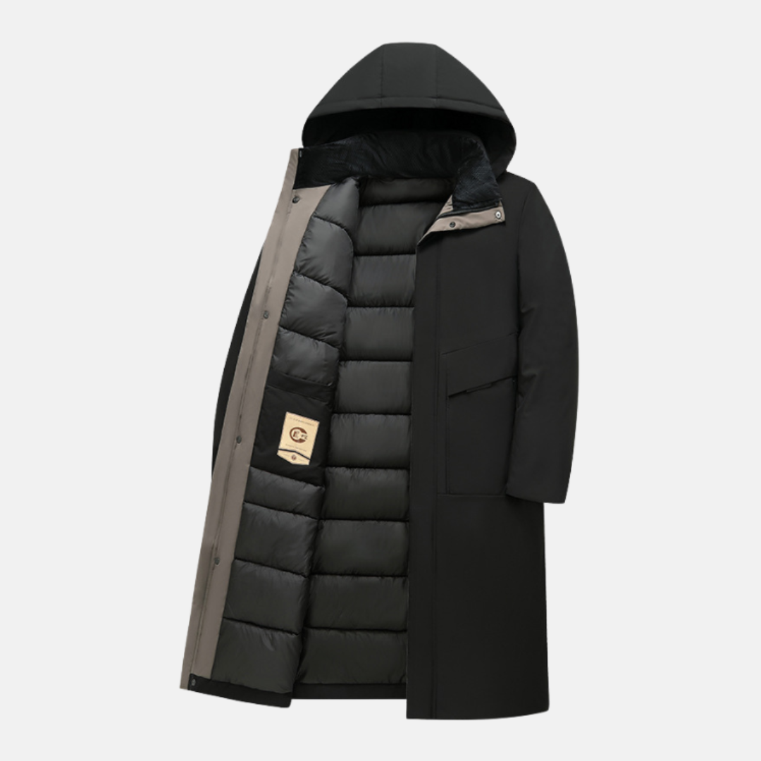 Men’s Long Coat – Regular Fit – Wool Blend – Insulated Hood – Snap Closure – Business Outerwear