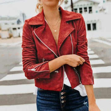 Women’s Biker Jacket – Cropped Fit – Faux Leather – Asymmetrical Zip – Notched Lapel