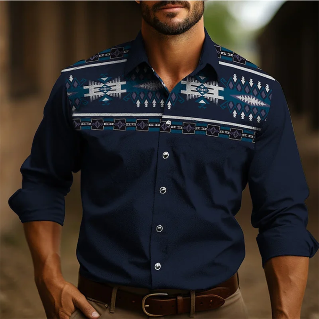 Men’s Button-Down Shirt – Tailored Fit – Long Sleeve – Retro Geometric Pattern – Breathable Fabric