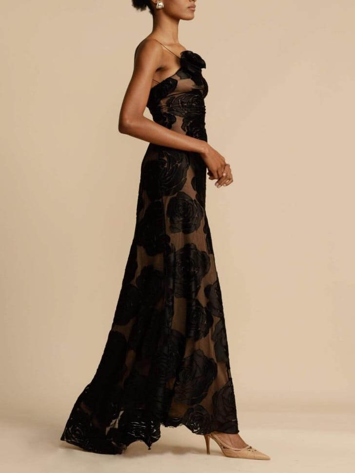 Three dimensional burnt flower maxi dress for women