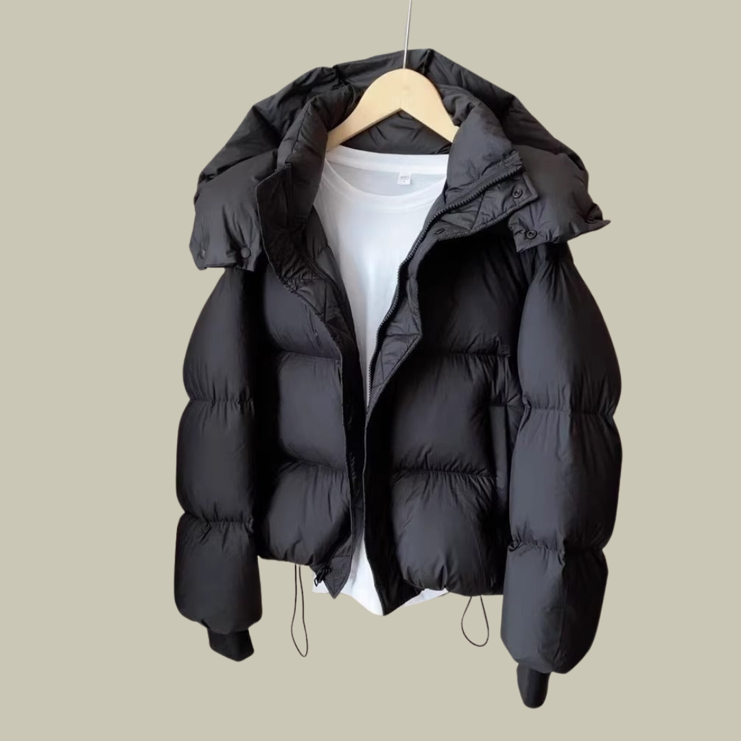 Warm hooded short puffer jacket for women