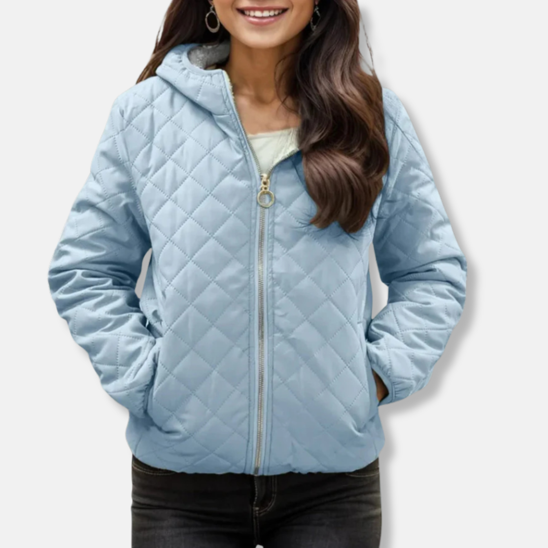 Women’s Quilted Jacket – Relaxed Fit – Diamond Stitch – Hooded – Zip Front – Elastic Hem