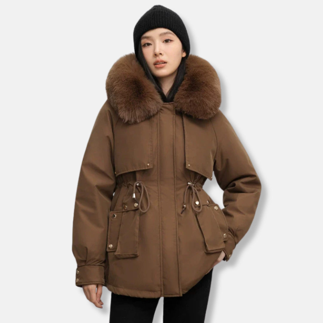 Women’s Parka Jacket – Relaxed Fit – Faux Fur Collar – Drawstring Waist – Mid-Thigh Length