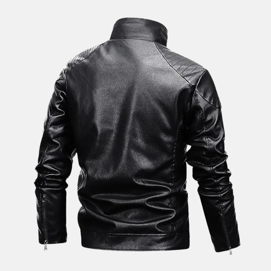 Men’s Faux Leather Jacket – Regular Fit – Shearling Lined – Quilted Shoulders – Dual Closure