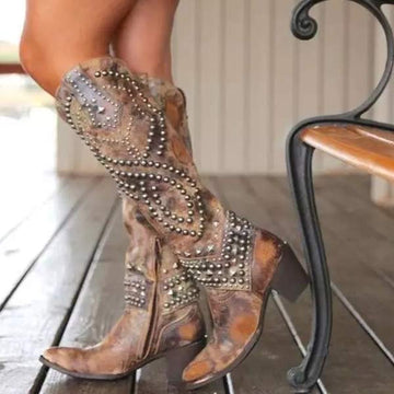 Women's Rivet Chunky Heel Knee-High Boots