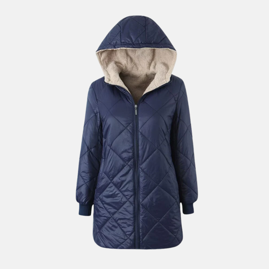 Women’s Hooded Quilted Coat – Straight Fit – Diamond Stitch – Reversible Hood – Mid-Thigh