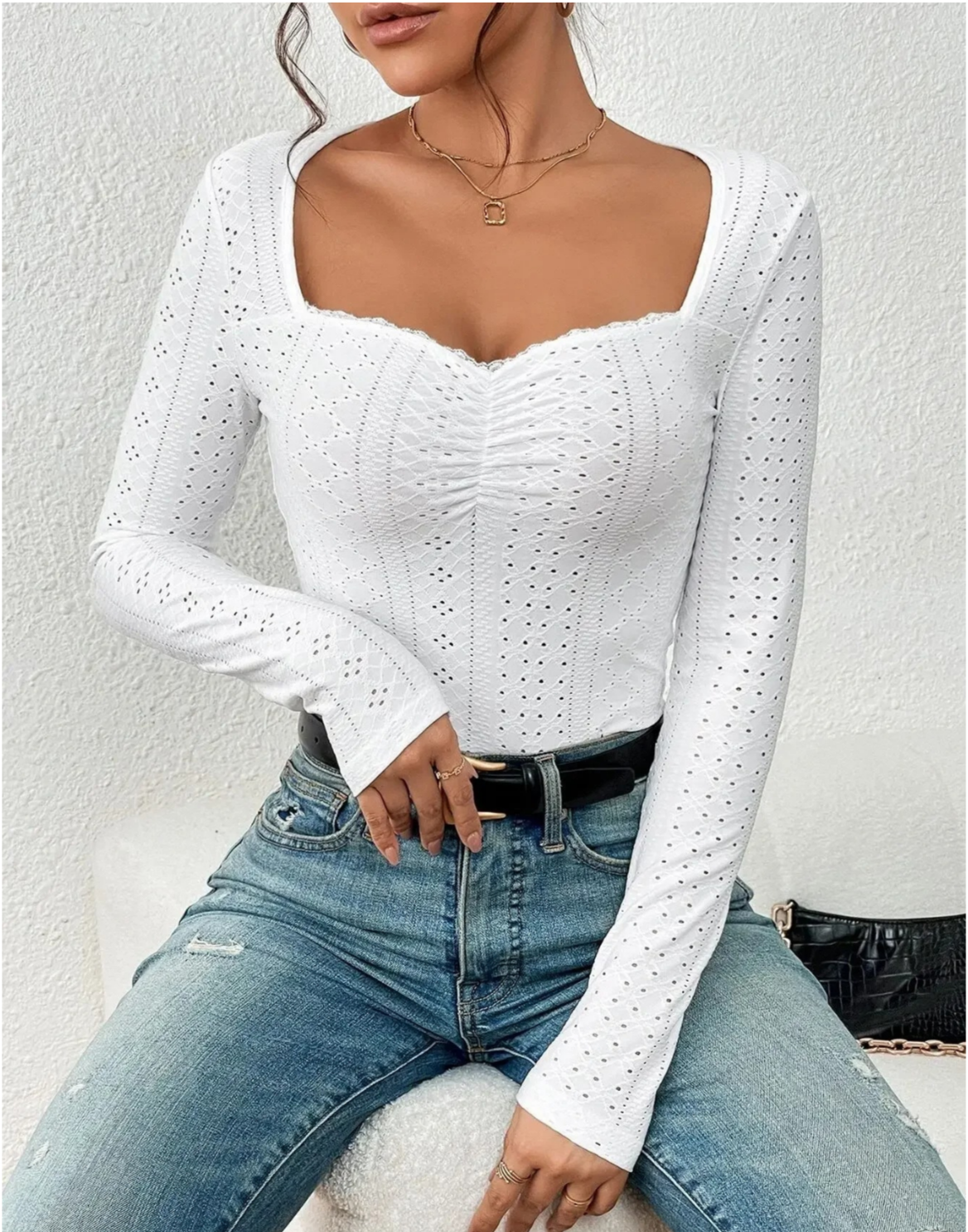 Embroidery eyelet lace sweater for women